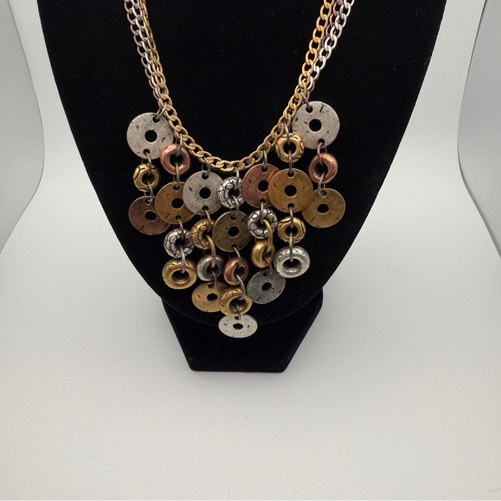 Chico’s Mixed Metal Disc Statement Necklace Multi-Tone Boho Layered Chains